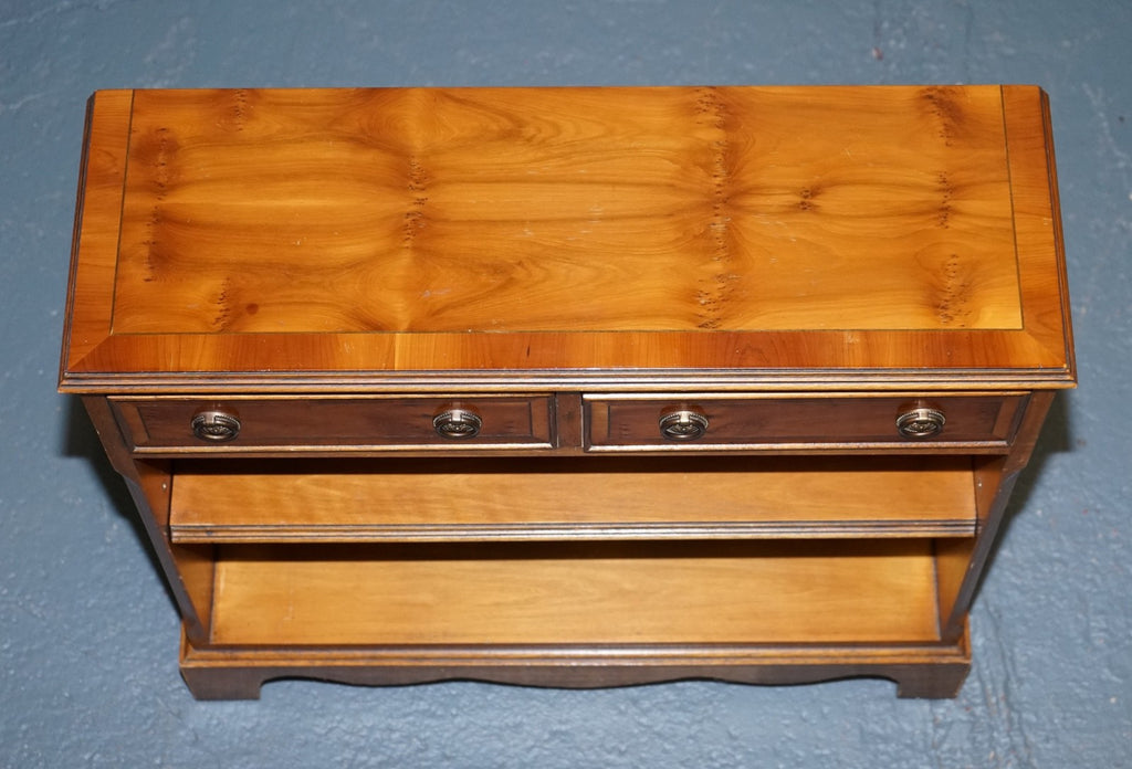 ELEGANT VINTAGE YEW WOOD LOW DWARF BOOKCASE WITH TWO STORAGE DRAWERS