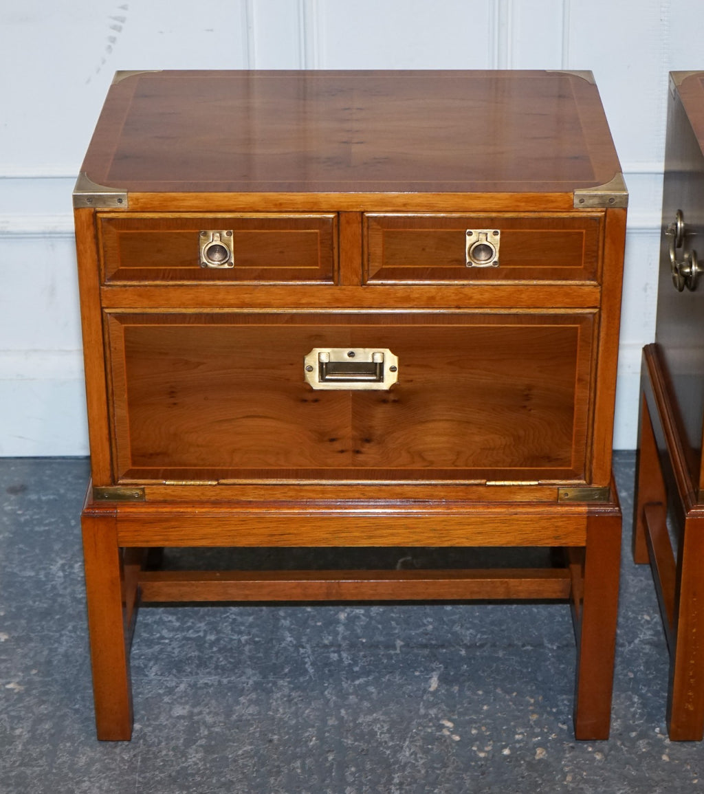 A PAIR OF YEW WOOD & BRASS ENGLISH MILITARY CAMPAIGN END CABINETS NIGHTSTANDS
