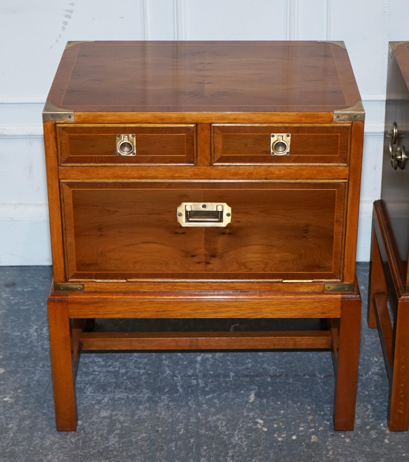 A PAIR OF YEW WOOD & BRASS ENGLISH MILITARY CAMPAIGN END CABINETS NIGHTSTANDS