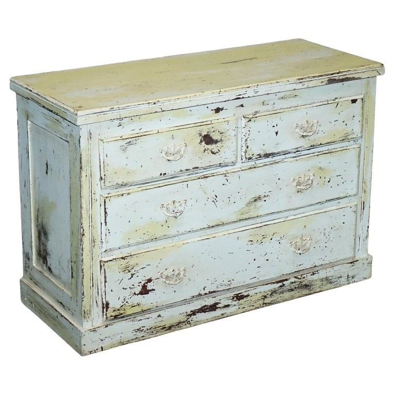 ANTIQUE HAND PAINTED PALE PINE GREEN THREE DRAWER CHEST OF DRAWERS