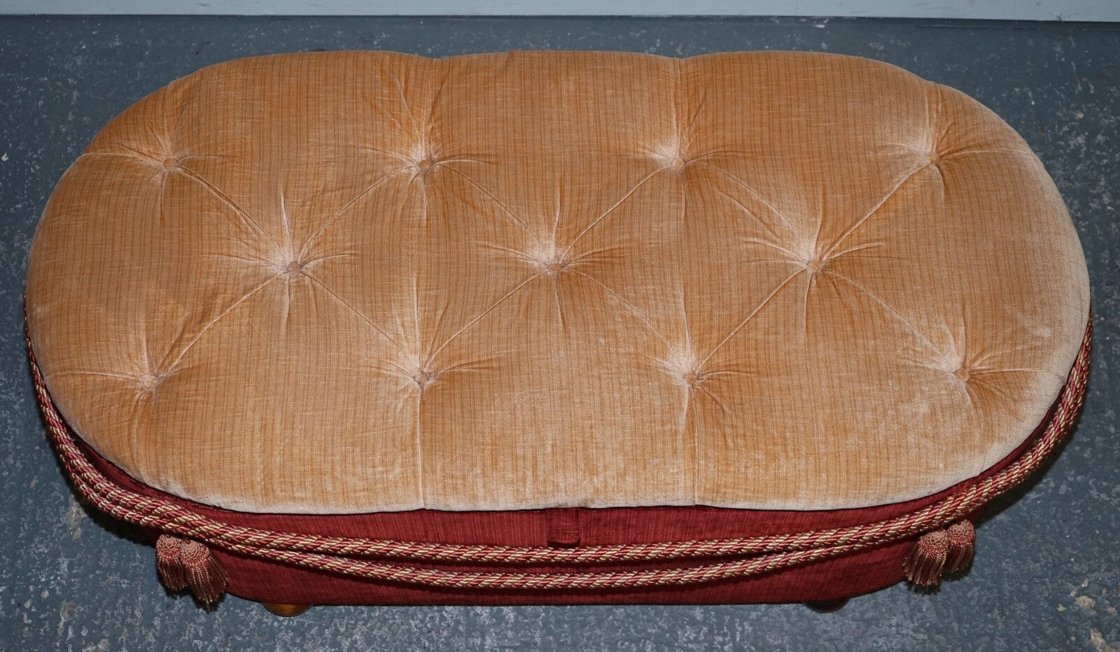 ANTIQUE VICTORIAN FABRIC OTTOMAN BLANKET BED END STORAGE BOX WITH TASSEL ACCENTS
