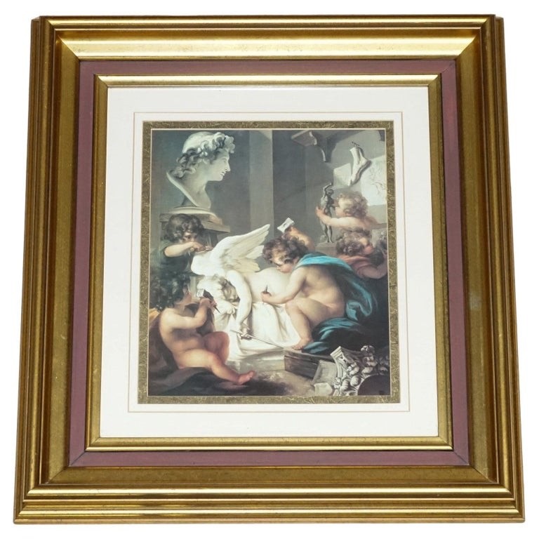 VINTAGE RENAISSANCE STYLE PRINT CHERUBS SCULPTING AN ANGEL GOLD FRAME 58 X 53 CM