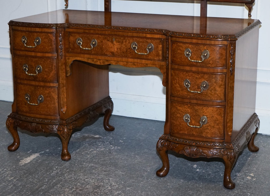 FINE ANTIQUE 1920'S BURR WALNUT HAND CARVED DRESSING TABLE WITH  FOLDING MIRRORS