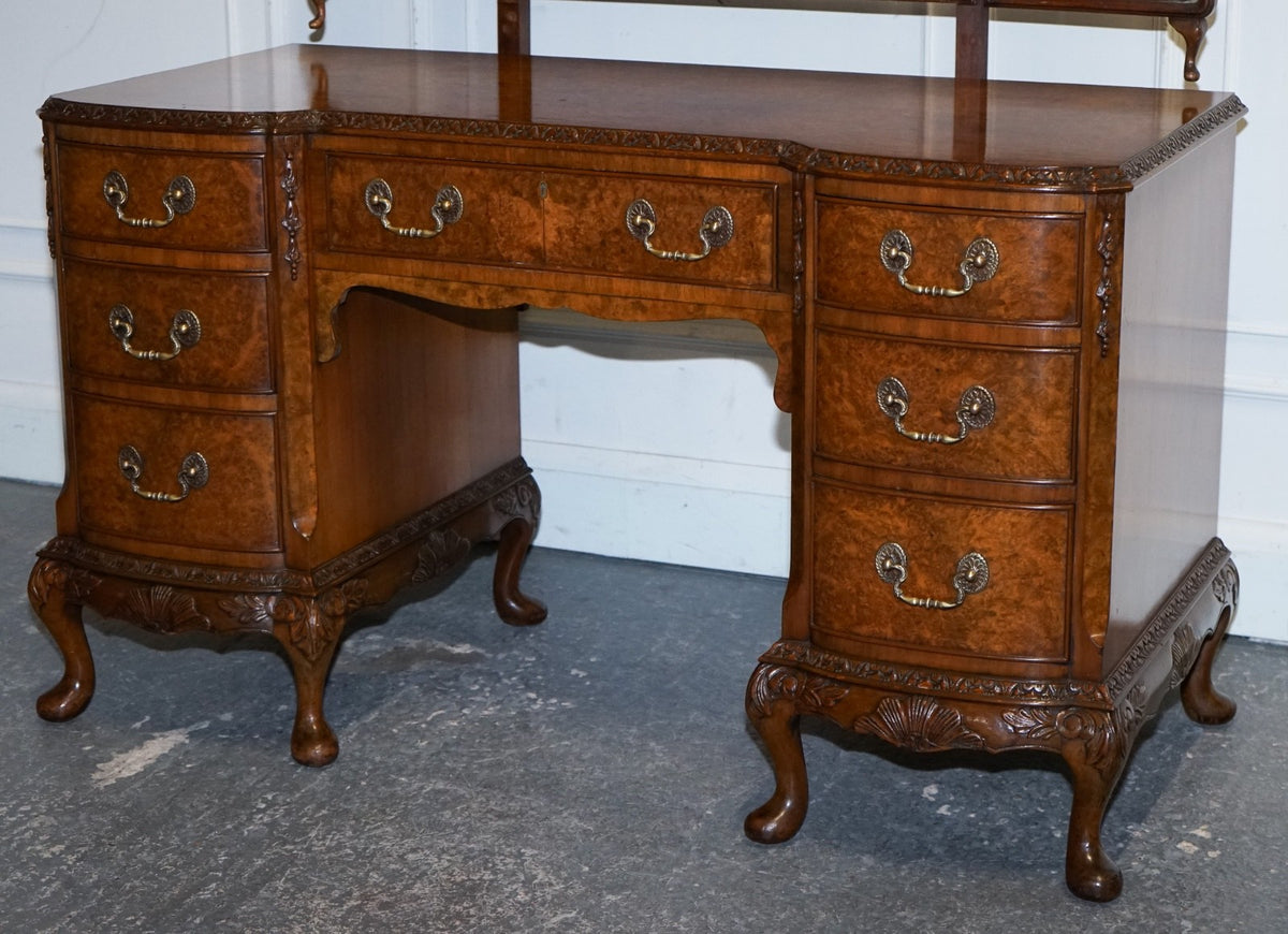 FINE ANTIQUE 1920'S BURR WALNUT HAND CARVED DRESSING TABLE WITH  FOLDING MIRRORS