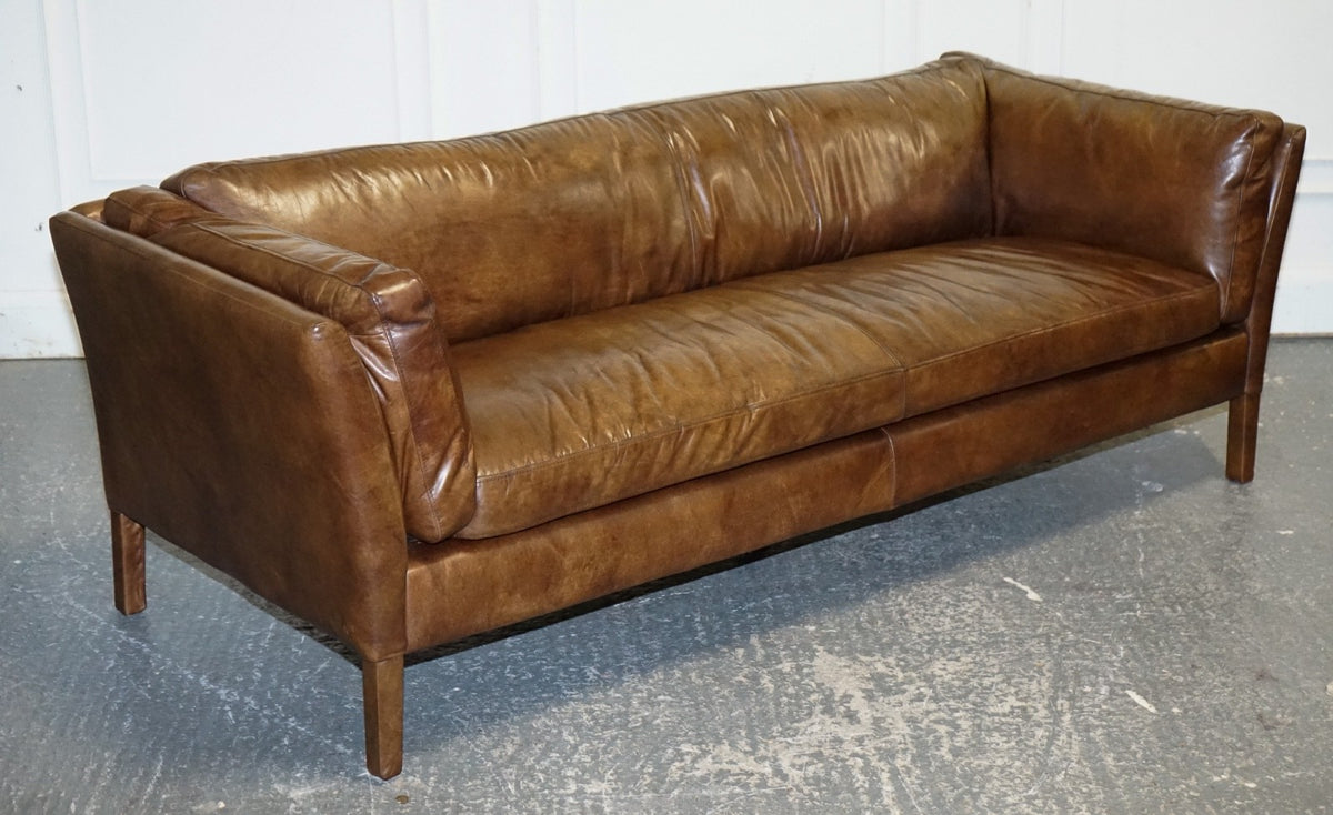 HALO GROUCHO BEAUTIFUL BROWN LEATHER THREE SEATER COMPACT SOFA