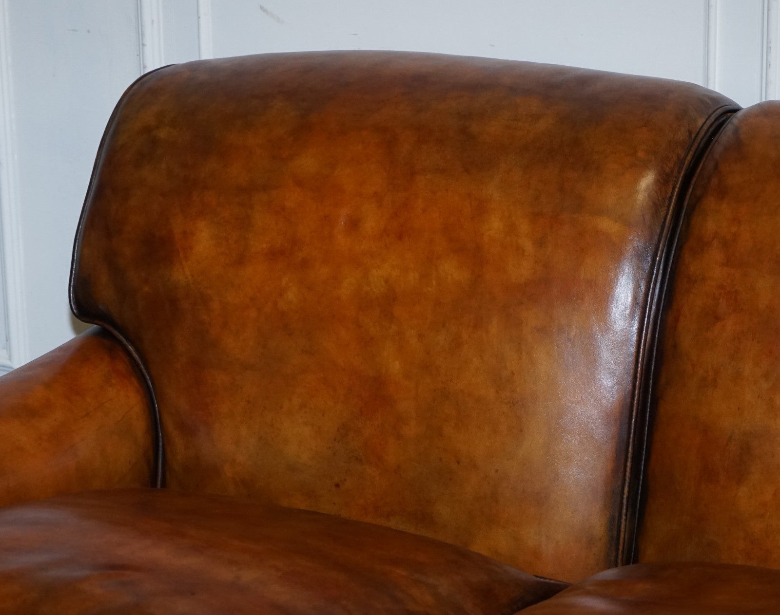 RESTORED HAND DYED LEATHER THREE SEATER SOFA HOWARD & SONS STYLE FEATHER FILLED