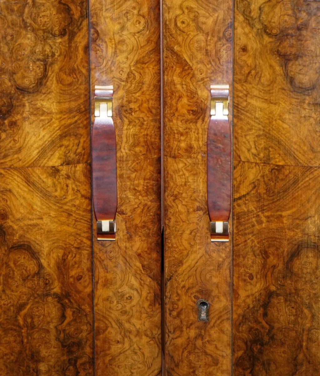ANTIQUE CIRCA 1930'S ENGLISH BURR WALNUT ART DECO TWO DOOR WARDROBE