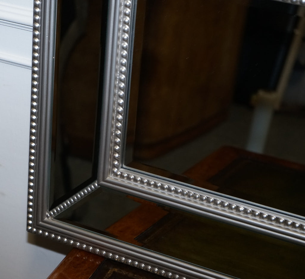 BEAUTIFUL LARGE SILVER BEADED CUSHIONED BEVELLED RECTANGULAR MIRROR