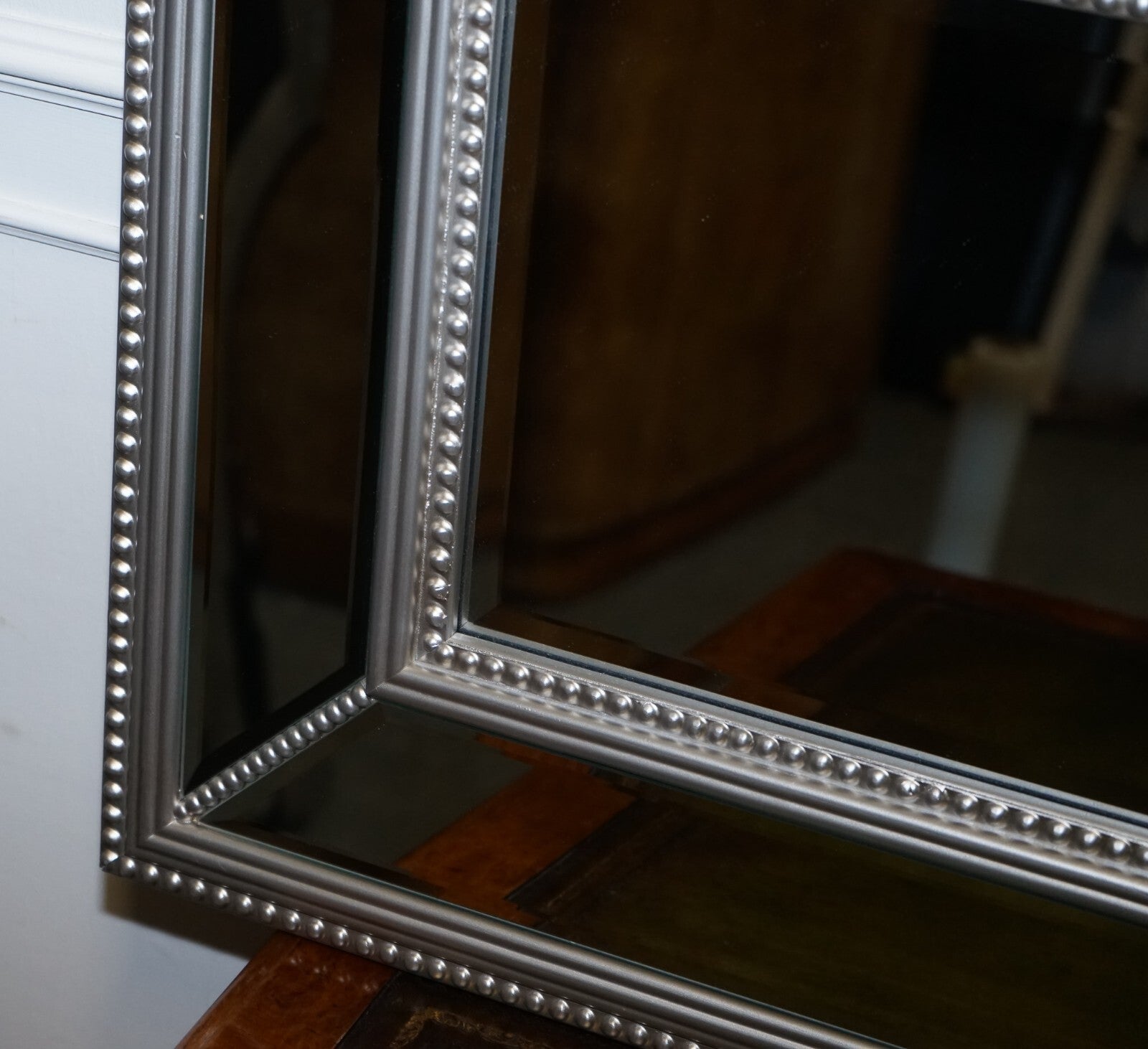 BEAUTIFUL LARGE SILVER BEADED CUSHIONED BEVELLED RECTANGULAR MIRROR