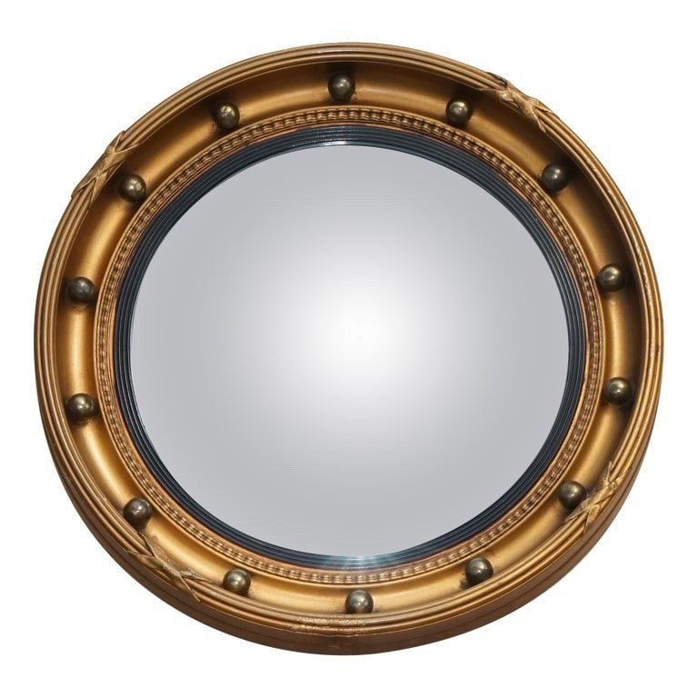 ANTIQUE 1920'S BUTLERS CONVEX GOLD GILT WOOD WALL SLIGHTLY FOXED MIRROR