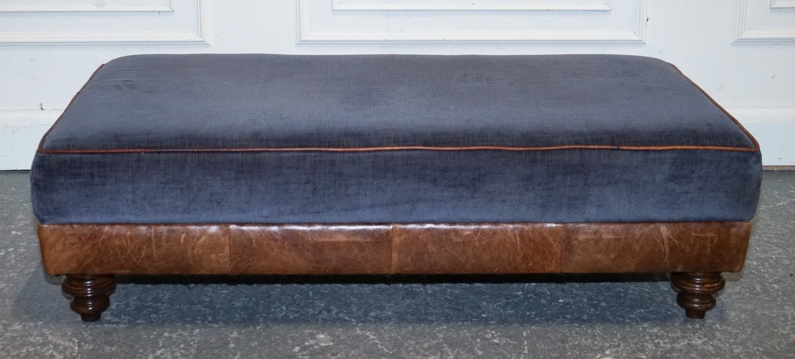 LARGE TETRAD CONSTABLE OTTOMAN RECTANGULAR FOOTSTOOL BLUE FABRIC & LEATHER BASE