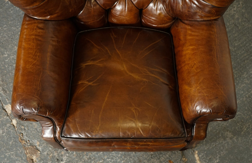 FULLY RESTORED HAND DYED LEATHER WRITERS READING ARMCHAIR WITH FOOTSTOOL