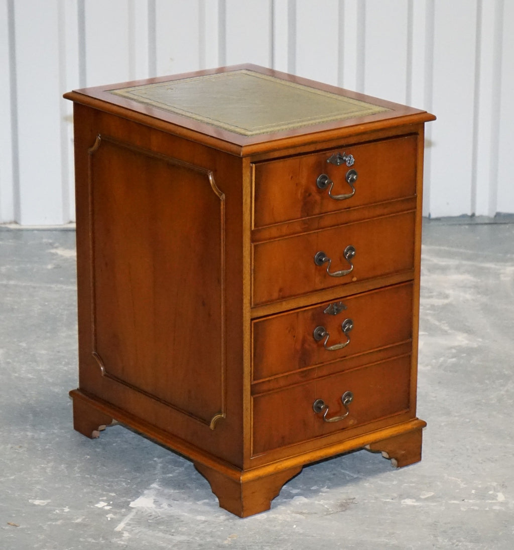 VINTAGE YEW WOOD FILLING CABINET WITH GREEN LEATHER TOP AND TWO DRAWERS (2)