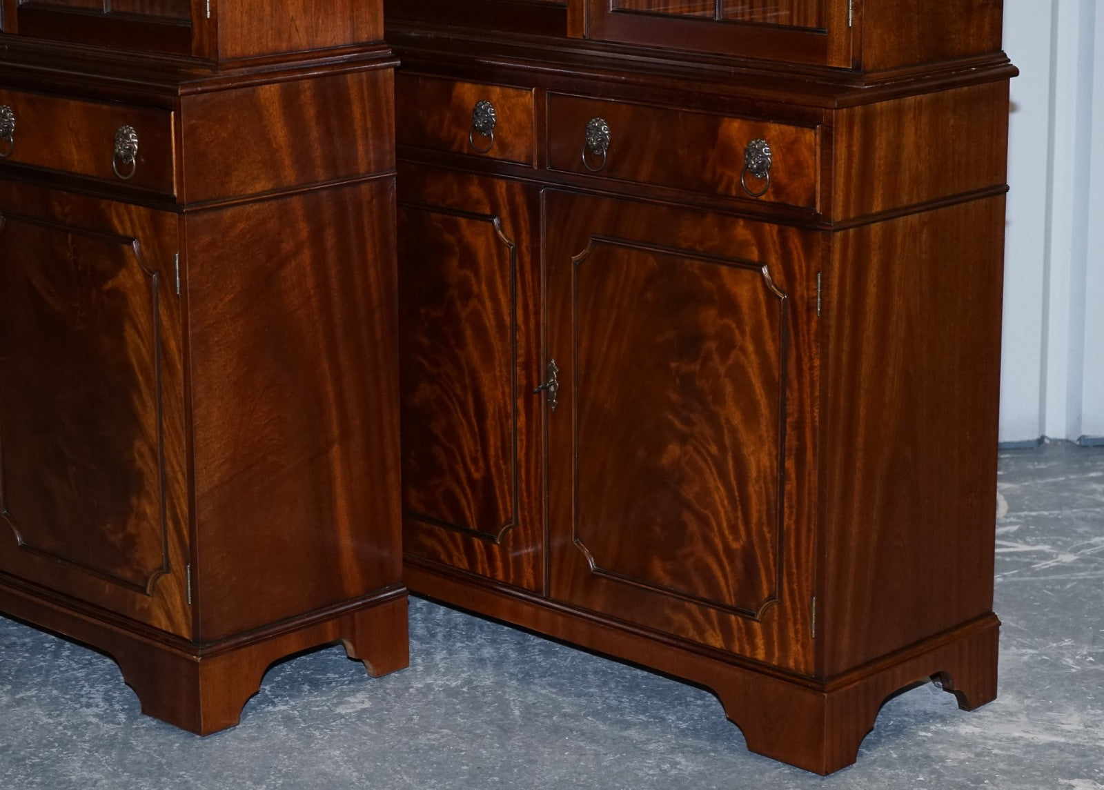 PAIR GEORGIAN STYLE DISPLAY CABINETS BOOKCASES WITH BRASS LION HANDLES