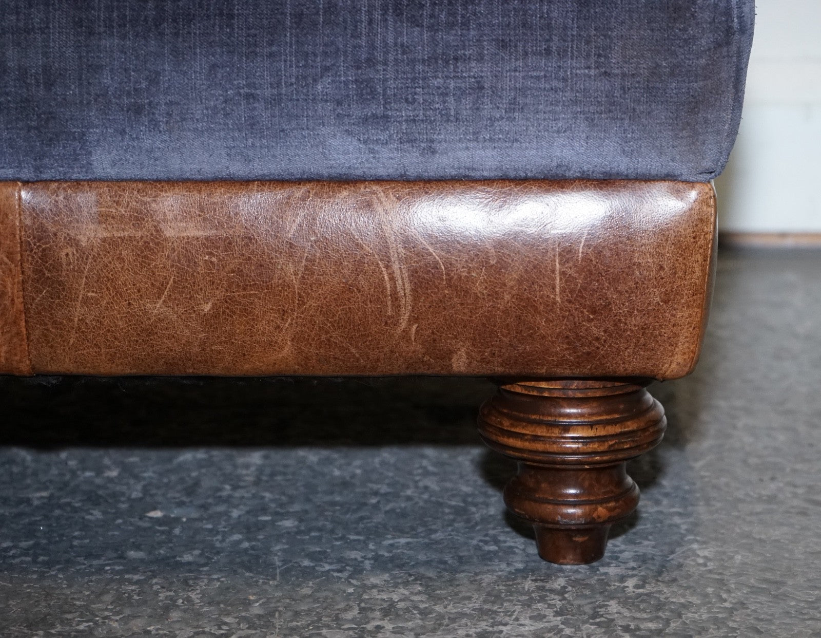 LARGE TETRAD CONSTABLE OTTOMAN RECTANGULAR FOOTSTOOL BLUE FABRIC & LEATHER BASE