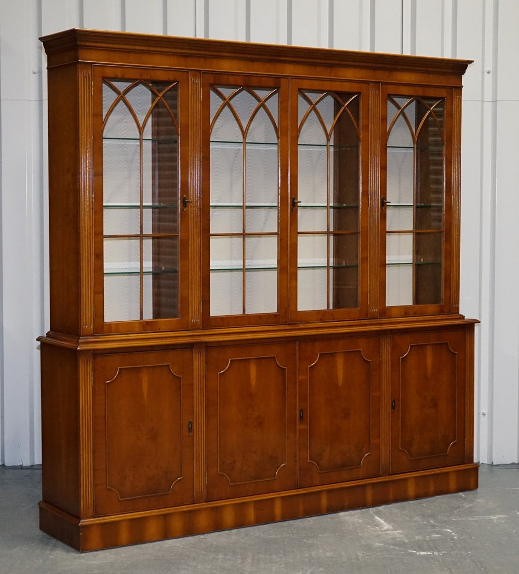 ANTIQUE GEORGIAN STYLE YEW WOOD FOUR DOOR DISPLAY CABINET BOOKCASE