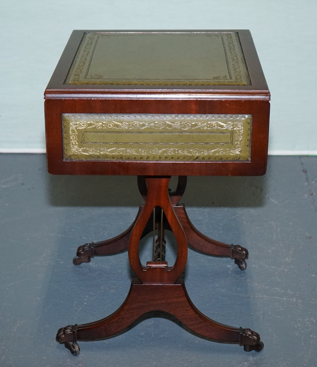 REGENCY STYLE HARDWOOD SIDE TABLE WITH GREEN LEATHER iNSET TOP & DROP LEAVES