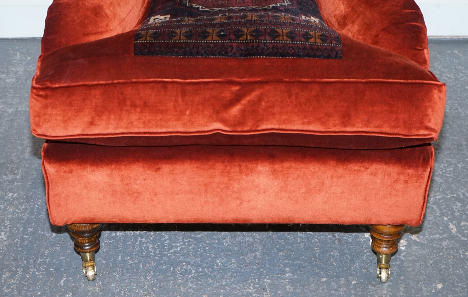 VINTAGE RED VELVET & AZTEC KILIM UPHOLSTERED HOWARD GEORGE SMITH STYLE ARMCHAIR