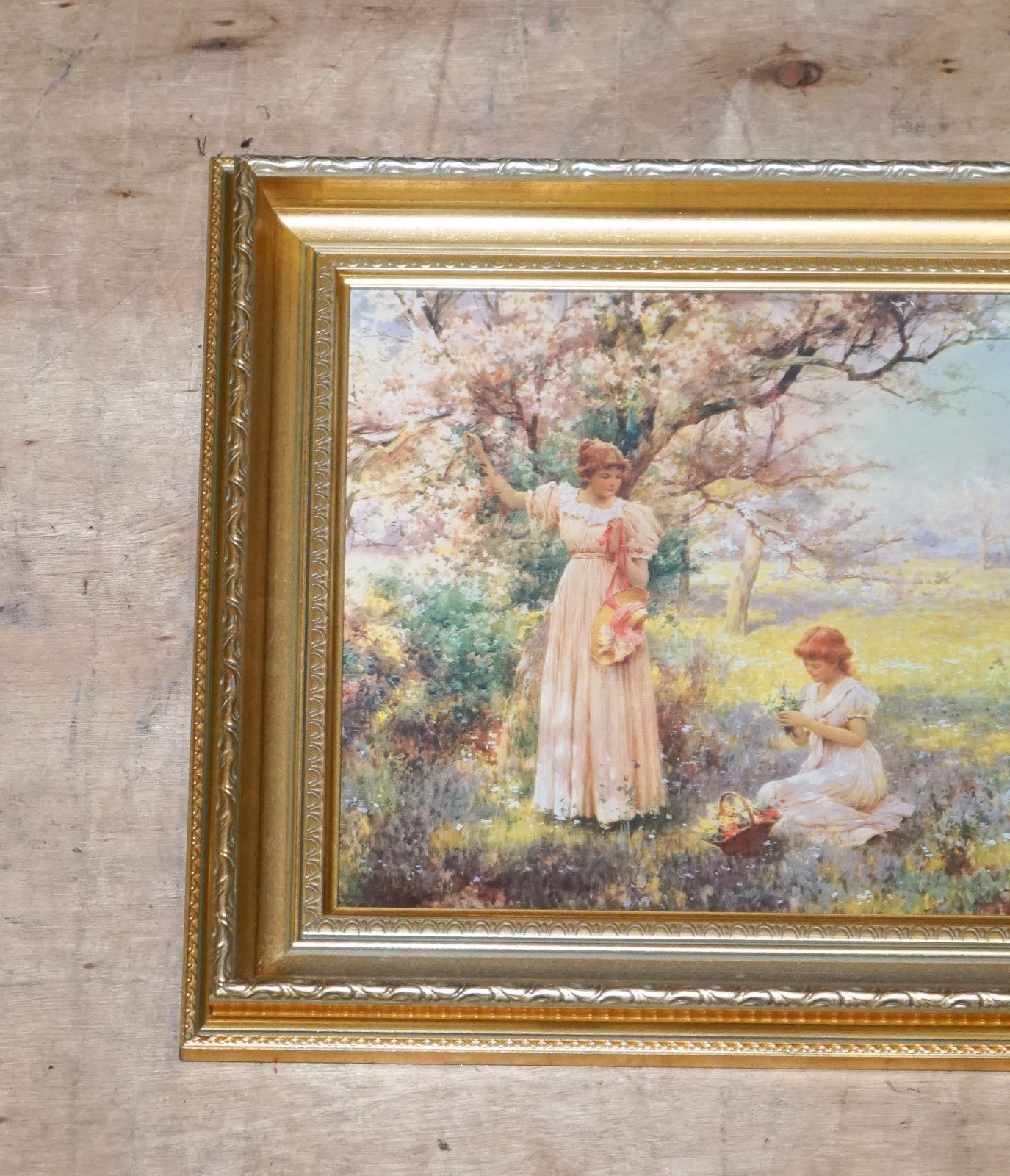 PAINTING PRINT GOLDEN FRAME''PICKING FLOWERS''BY ALFRED GLENDENING JR. 42X52 CM