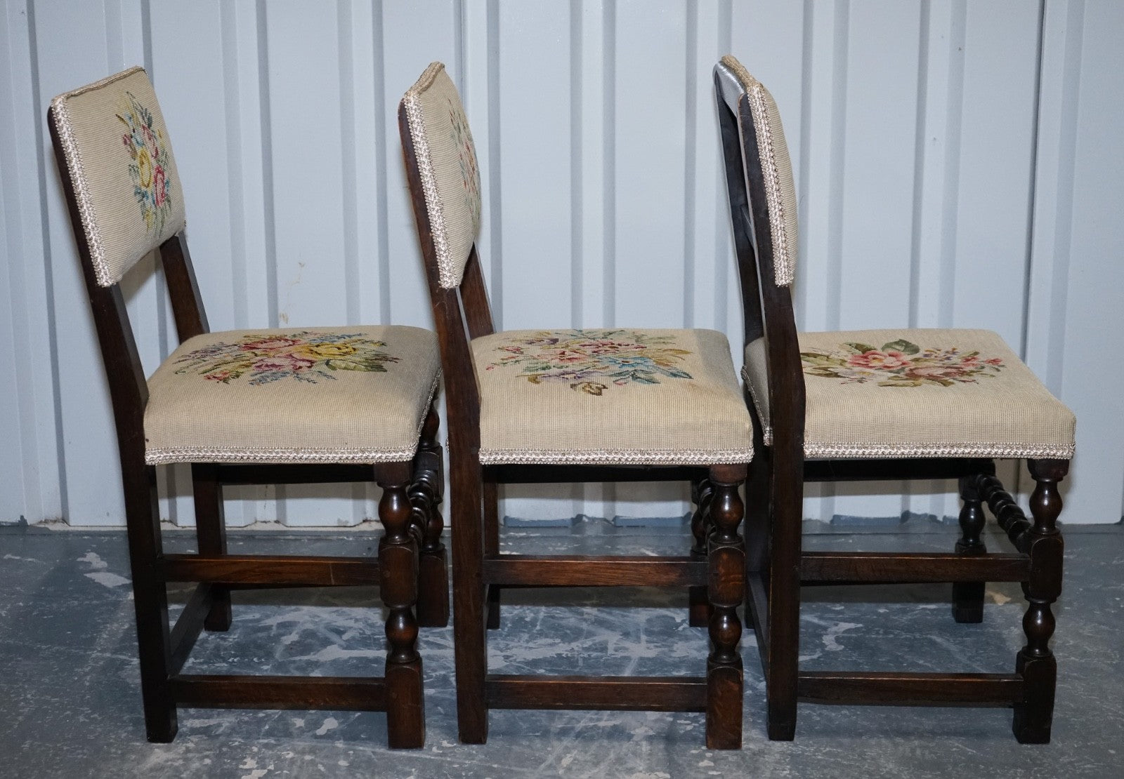 ENGLISH VICTORIAN SET OF SIX ORIGINAL FLORAL TAPESTRY UPHOLSTERY DINNING CHAIRS