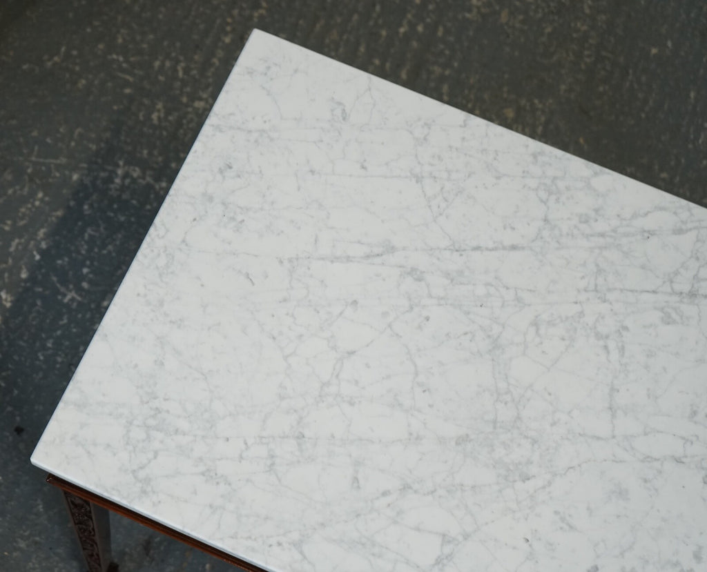 PAIR OF CHIPPENDALE STYLE CONSOLE TABLES WITH NEW WHITE CARRARA MARBLE TOPS