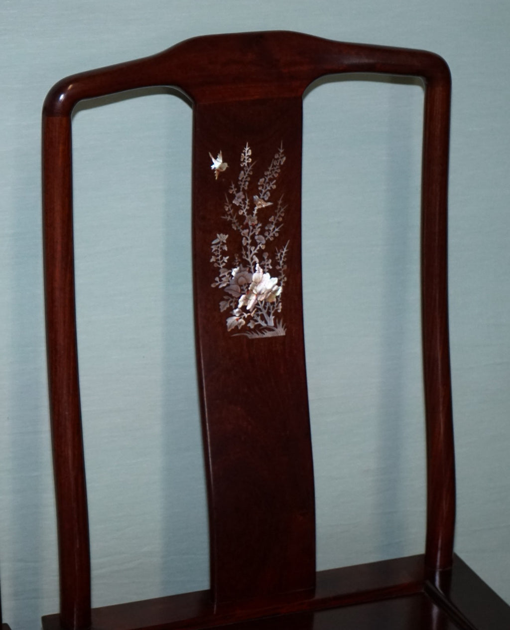 PAIR OF ORIENTAL CHINESE HARDWOOD MOTHER OF PEARL INLAID HALL CHAIRS