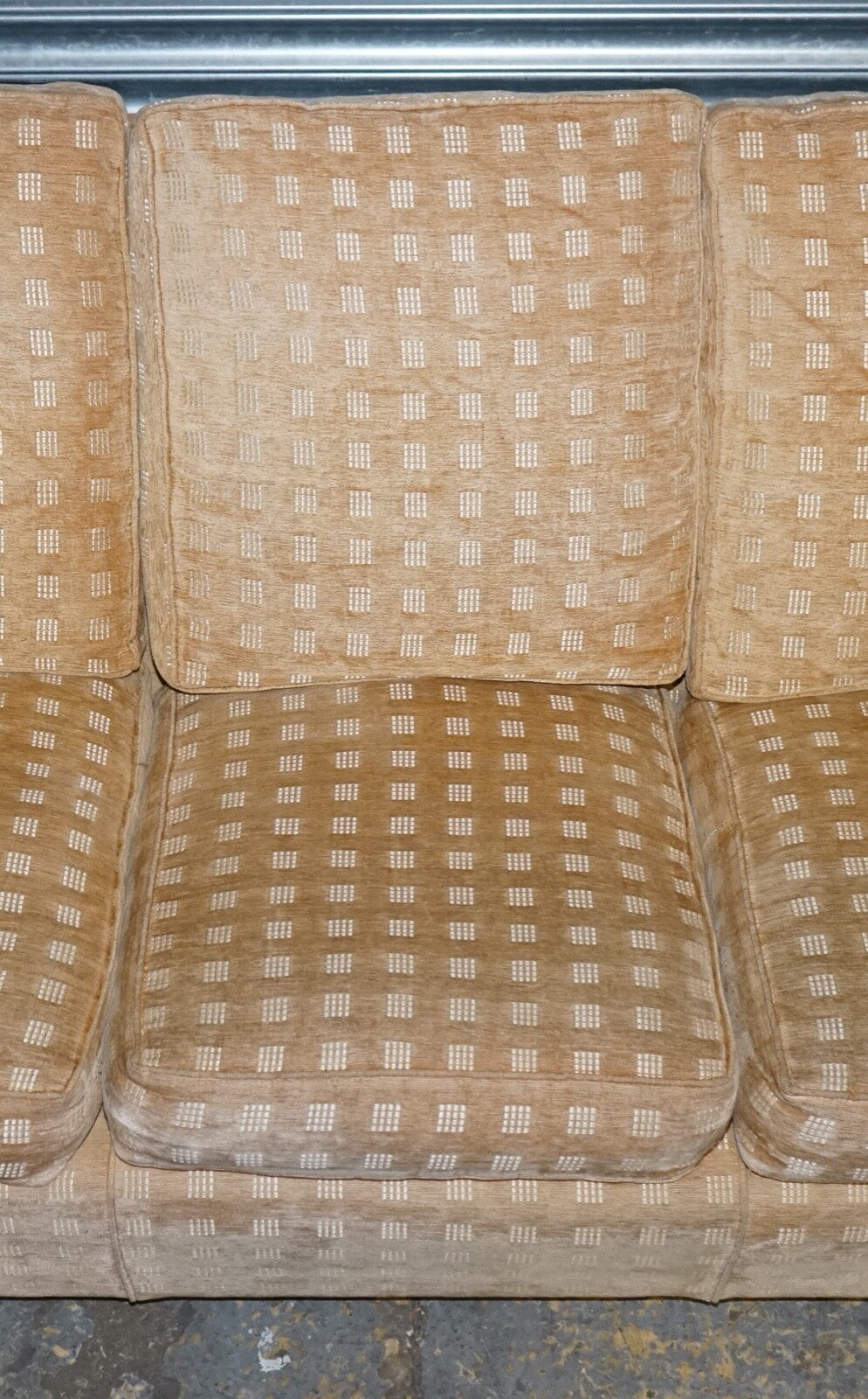 STUNNING DURESTA THREE SEATER WALDORF SOFA IN GOLD CHECKERED FABRIC