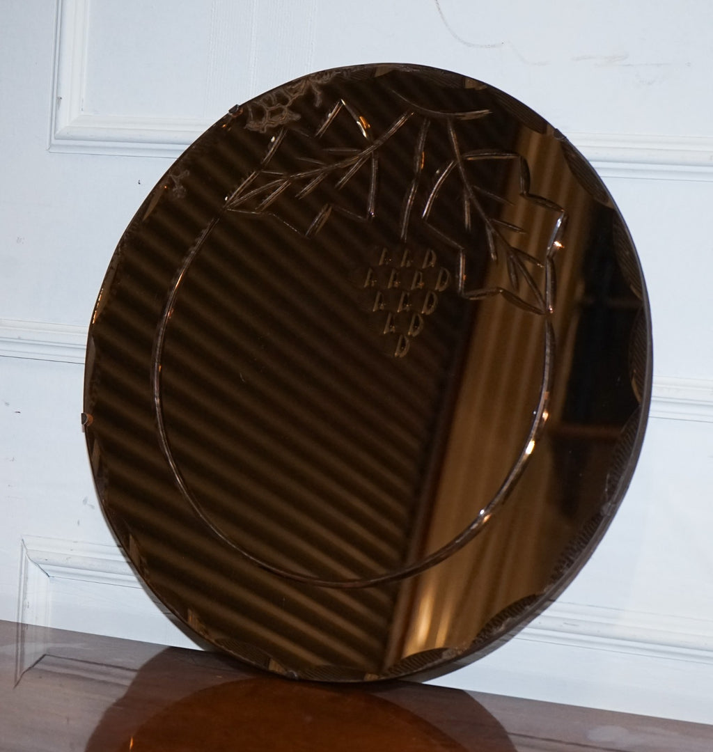 VINTAGE ART DECO PEACH GLASS BEVELED CIRCULAR WALL MIRROR