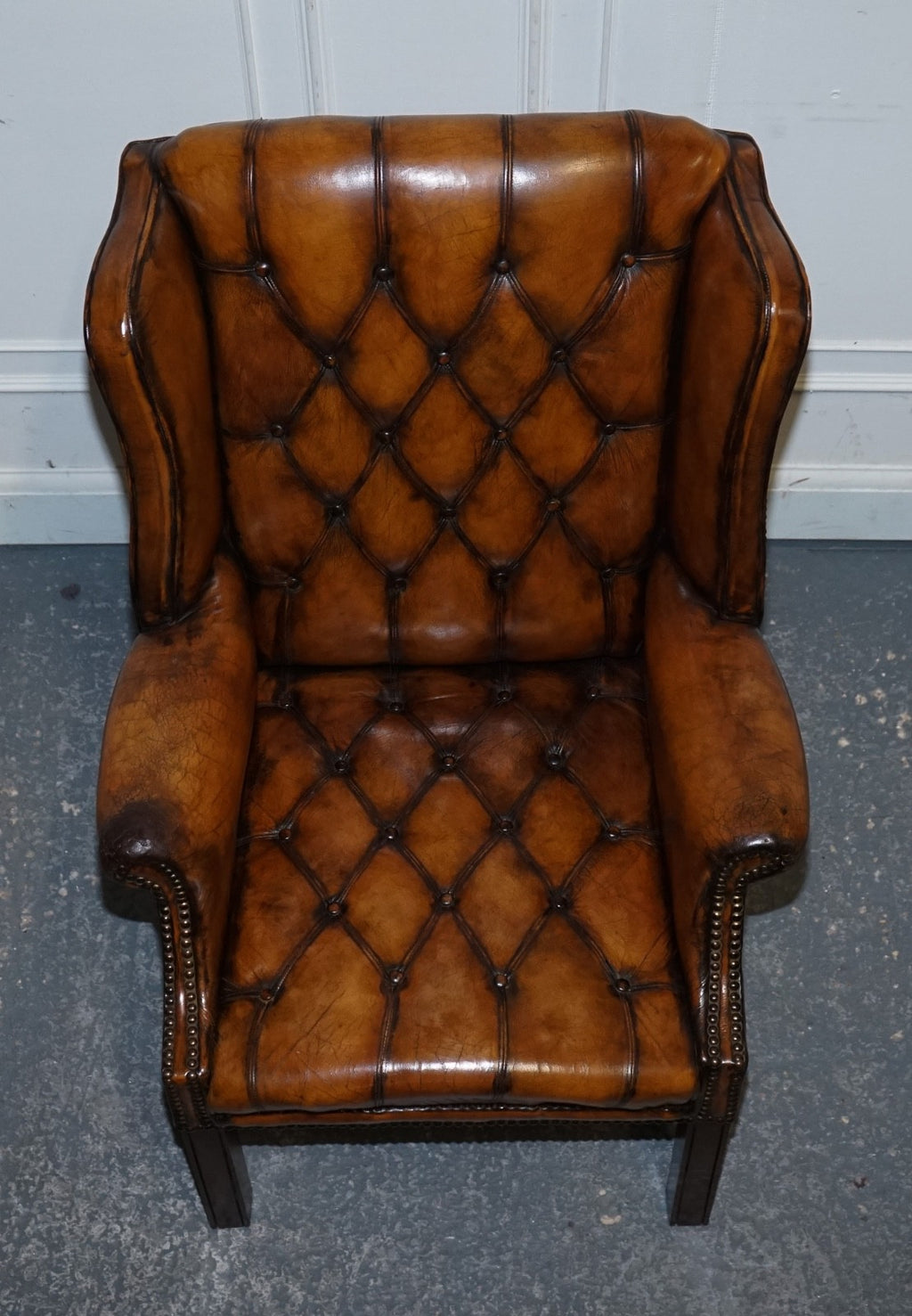 STUNNING 1960'S HAND DYED BROWN LEATHER CHESTERFIELD WINGBACK ARMCHAIRS