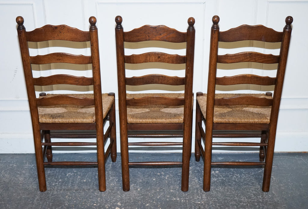 SET OF SIX ANTIQUE ENGLISH 19TH CENTURY LADDERBACK RUSH SEAT DINING CHAIRS