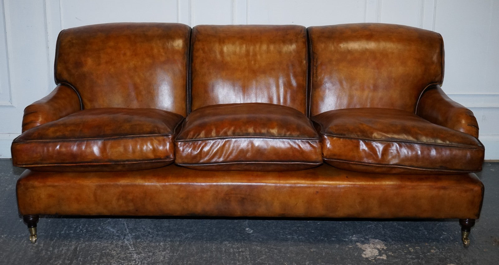 RESTORED HAND DYED LEATHER THREE SEATER SOFA HOWARD & SONS STYLE FEATHER FILLED