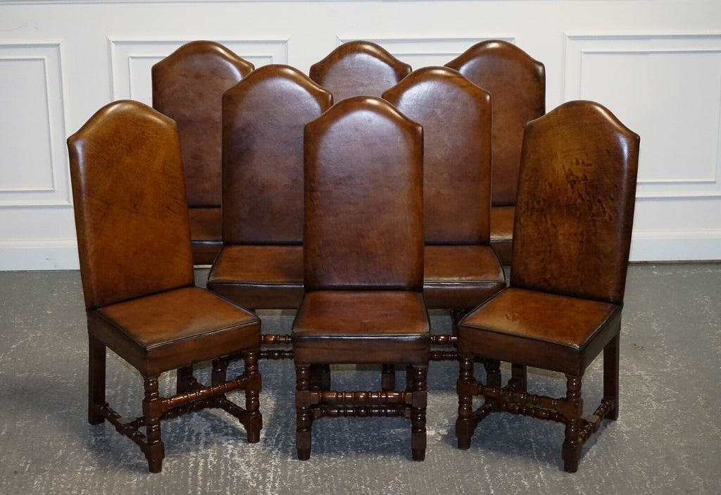 8 RESTORED CROMWELLIAN HAND DYED WHISKEY BROWN LEATHER DINING CHAIRS