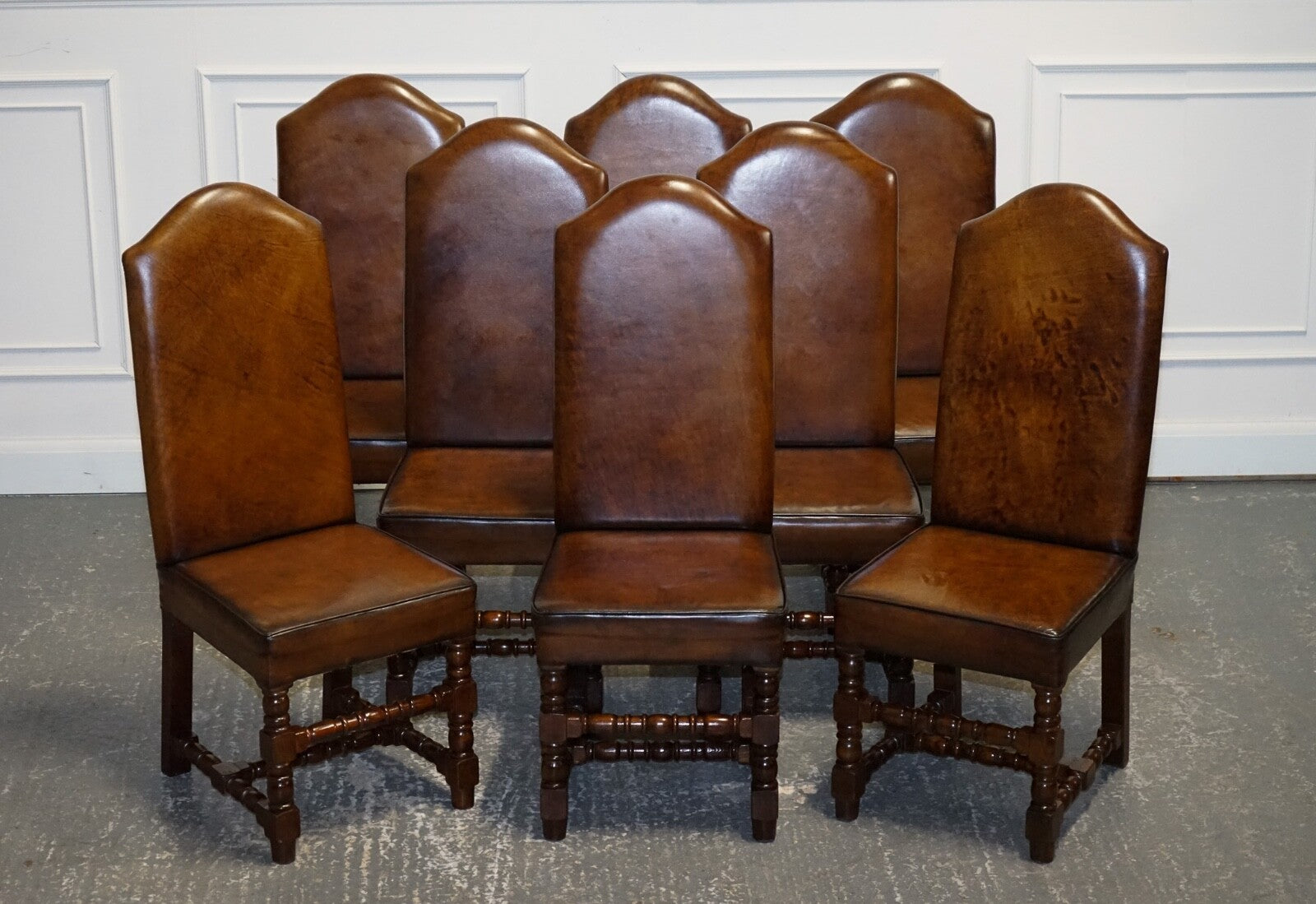 8 RESTORED CROMWELLIAN HAND DYED WHISKEY BROWN LEATHER DINING CHAIRS