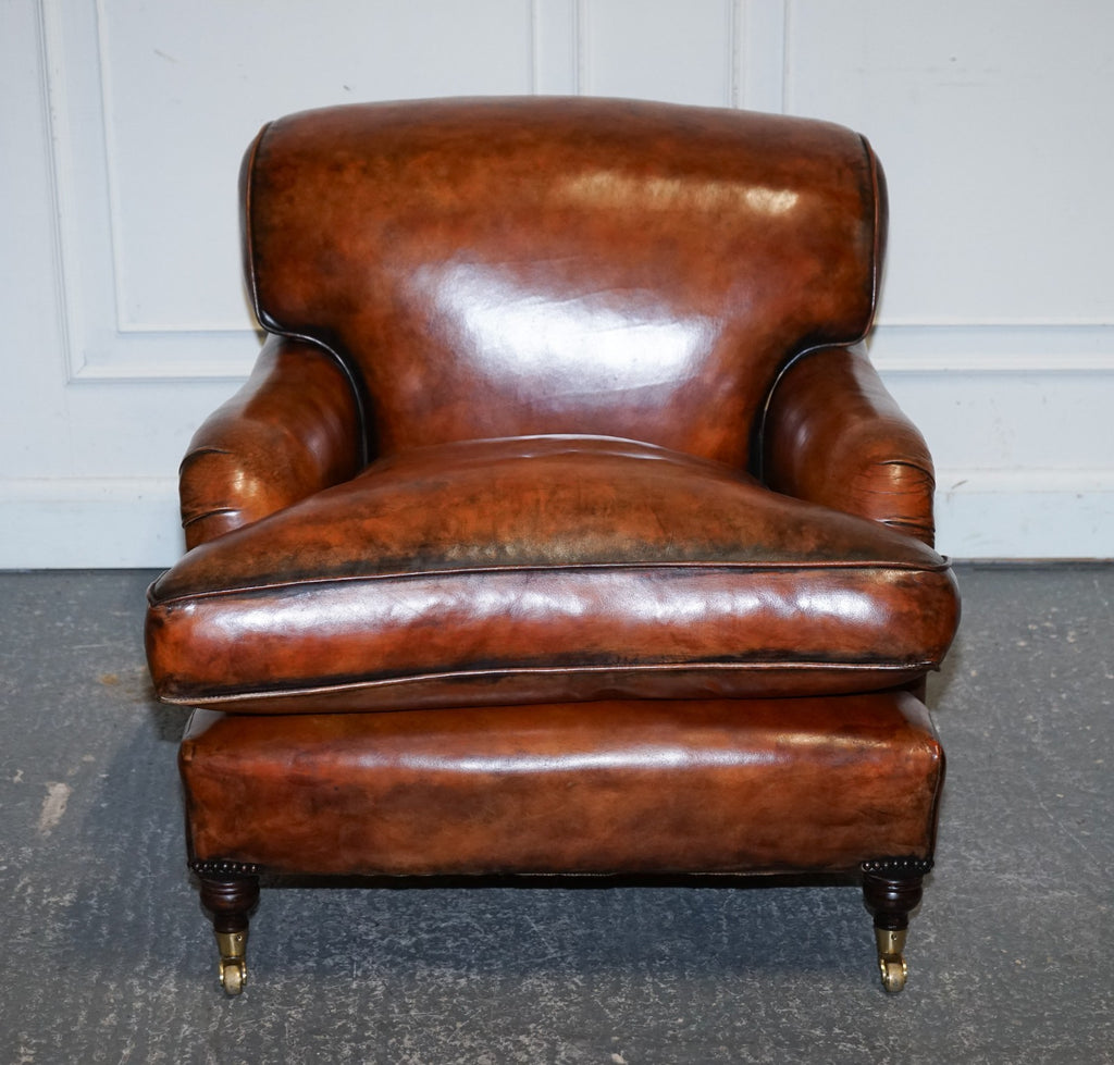 LARGE PAIR OF HOWARD STYLE HAND DYED LEATHER ARMCHAIRS FEATHER FILLED CUSHIONS