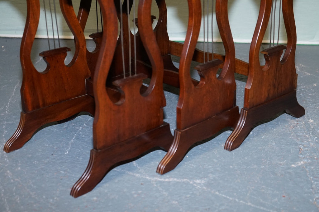 VINTAGE LYRE BASE GREEN LEATHER TOP NEST OF TABLES SIDE TABLES
