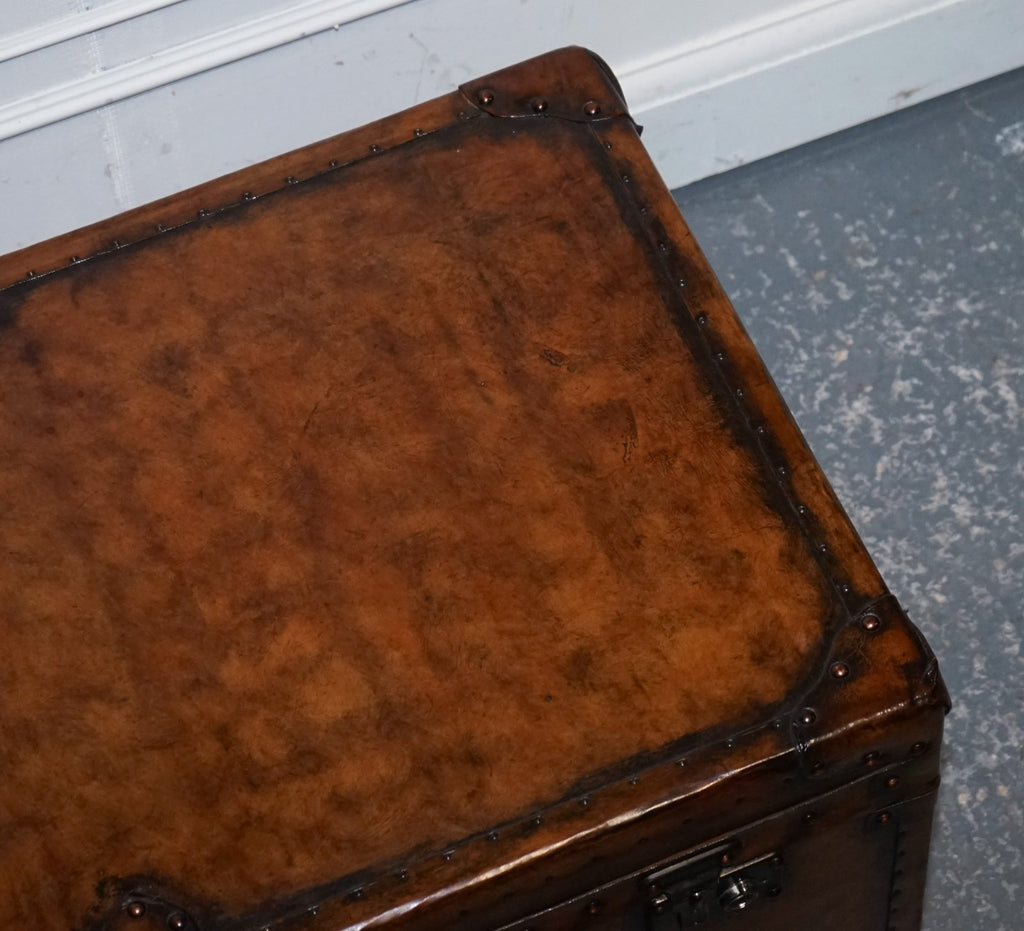 FULLY RESTORED HAND DYED BROWN LEATHER LOCKABLE STORAGE TRUNK
