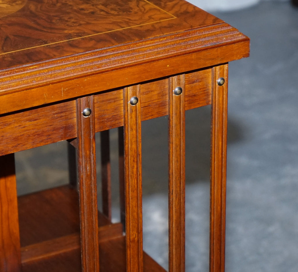 VINTAGE BURR WALNUT TOP REVOLVING BOOKCASE RAISED ON CASTORS