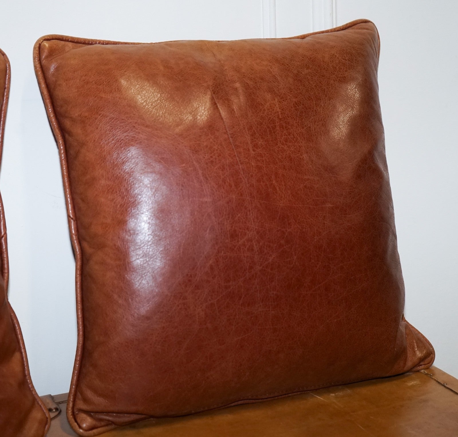 VINTAGE PAIR OF FEATHER FILLED CHESTNUT BROWN LEATHER & FABRIC SCATTER CUSHIONS