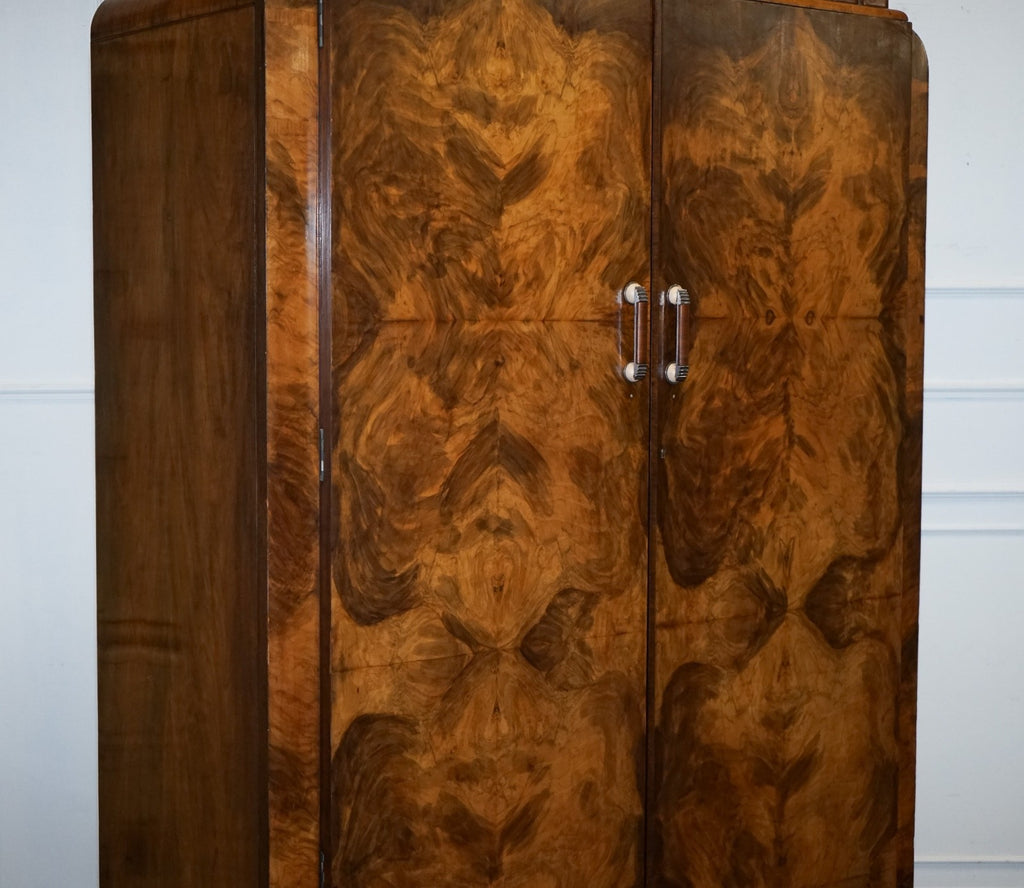 STUNNING ART DECO 1920 LARGE BURR WALNUT TWO DOOR WARDROBE OR AMOIRE