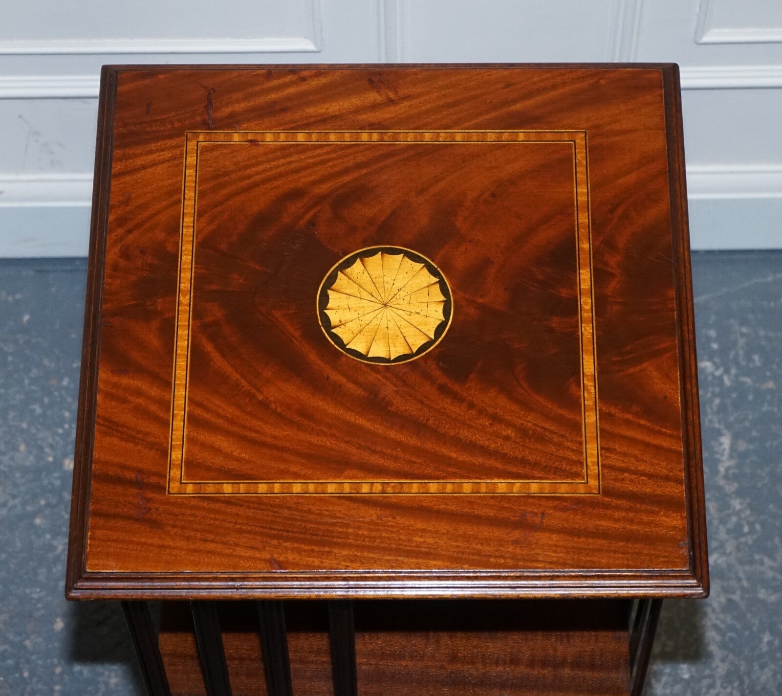 MID CENTRY SHERATON REVIVAL INLAID REVOLVING BOOKCASE END TABLE ON CASTORS