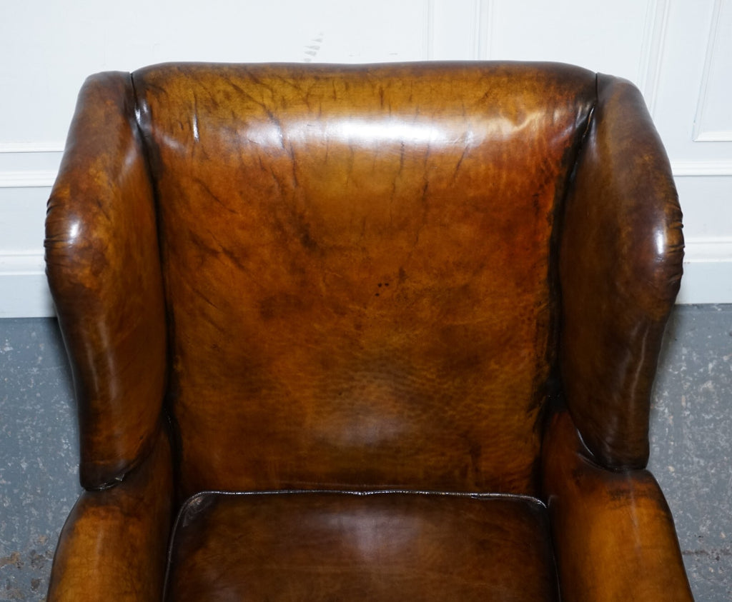 STUNNING EARLY VICTORIAN HAND DYED BROWN LEATHER READING LOUNGE ARMCHAIR