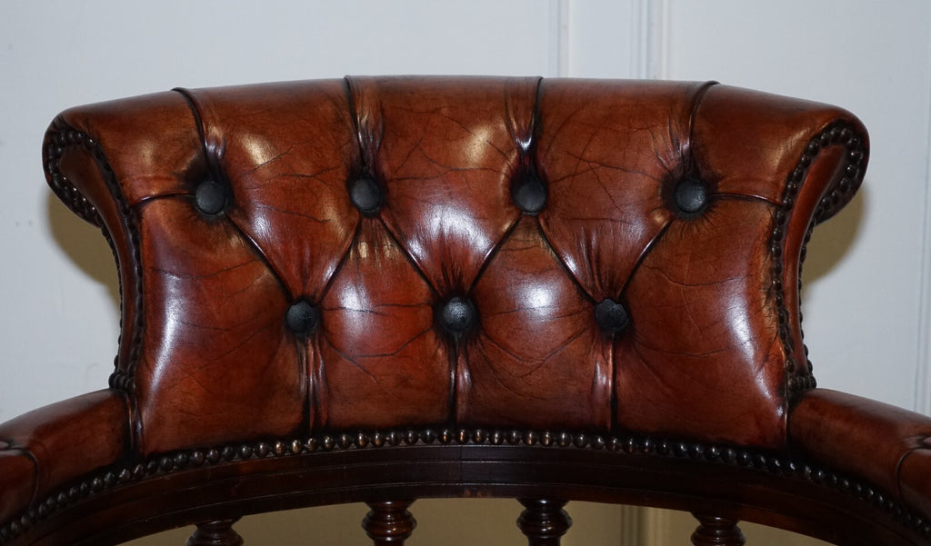 ANTIQUE HAND DYED BROWN LEATHER CHESTERFIELD CAPTAINS OFFICE SWIVEL ARMCHAIR