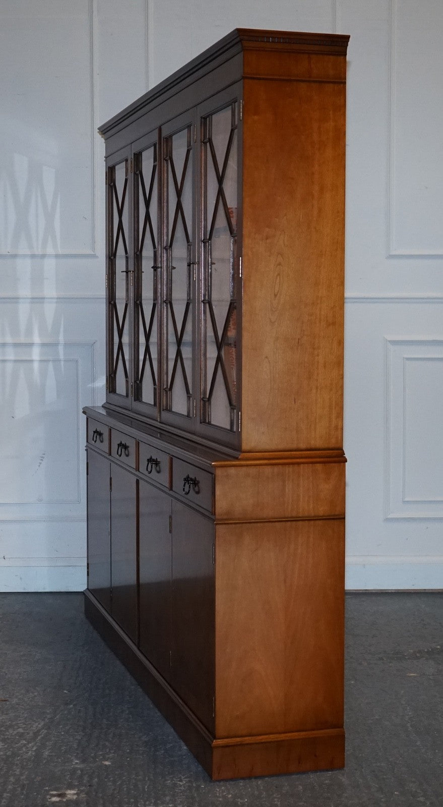 VINTAGE GEORGIAN STYLE YEW WOOD FOUR DOOR DISPLAY CABINET BOOKCASE