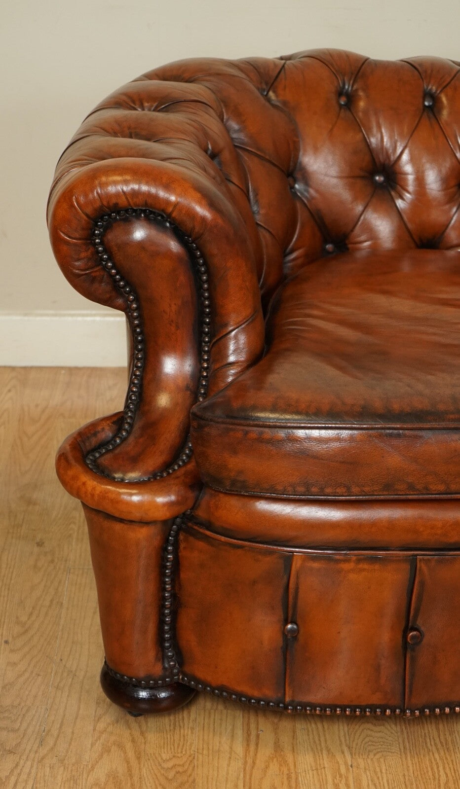ONE OF A KIND WHISKEY BROWN HAND DYED LEATHER SERPENTINE CLUB CHESTERFIELD SOFA
