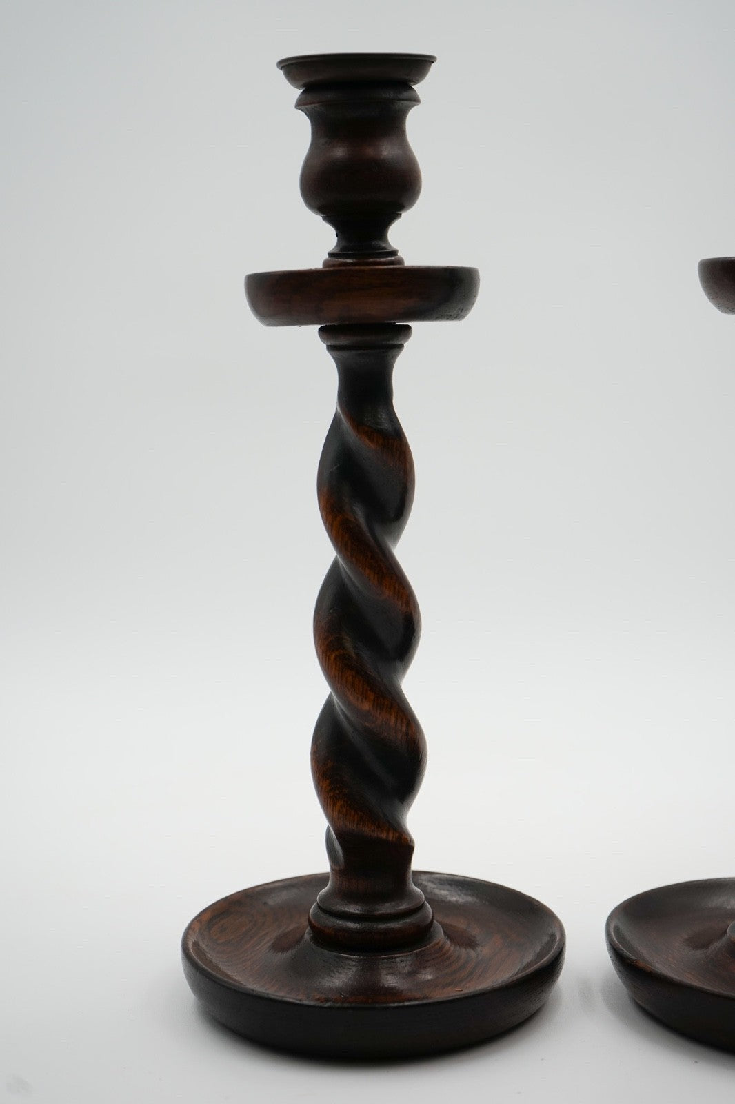 EARLY ViCTORIAN PAIR OF ENGLISH OAK BARLEY TWIST CANDLE STICKS (3)