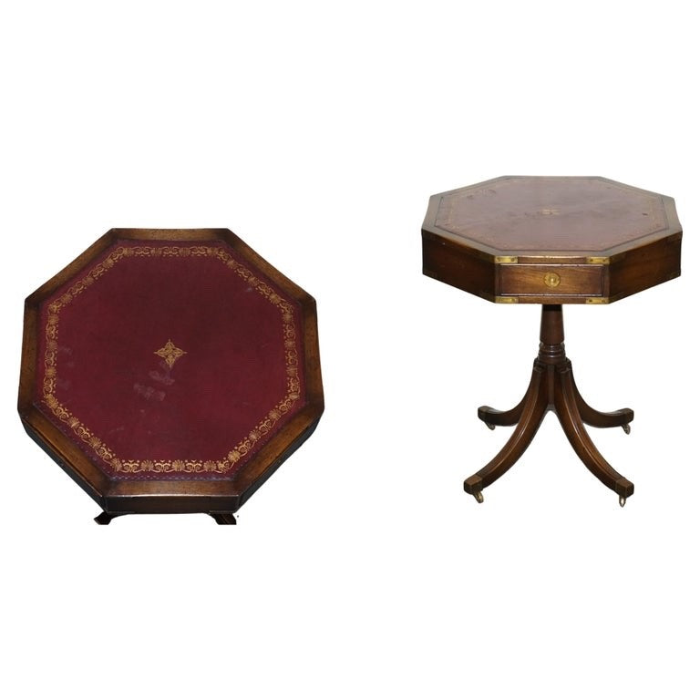 REVOLVING MILITARY CAMPAIGN BURGUNDY LEATHER DRUM SIDE END TABLE BEVAN FUNNELL