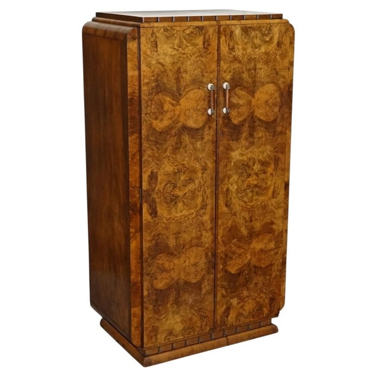 STUNNING ART DECO 1920'S PETITE BURR WALNUT TWO DOOR WARDROBE OR AMOIRE