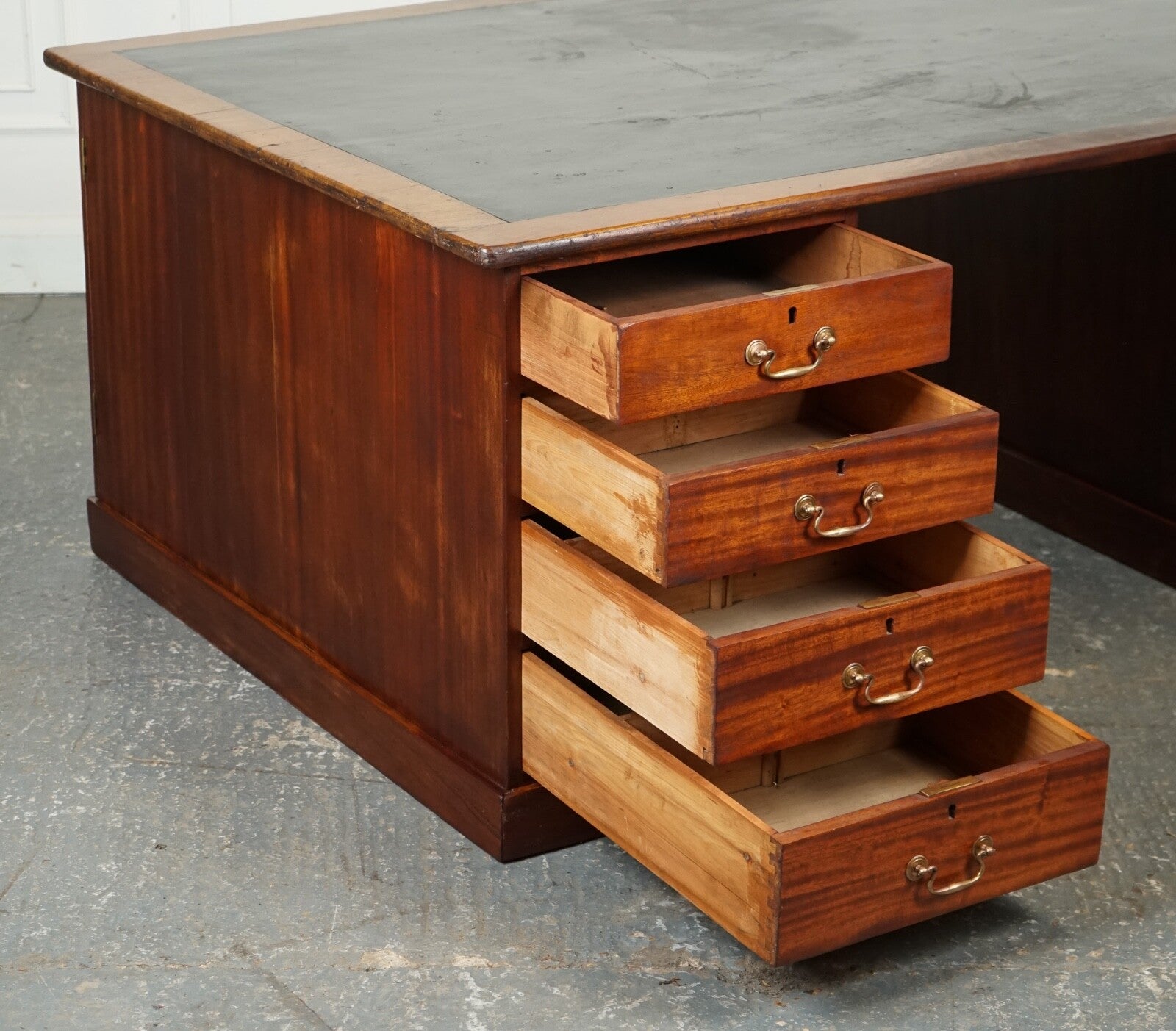 ANTIQUE HUGE DISTRESSED PARTNERS DESK WITH NAVY BLUE LEATHER TOP J1