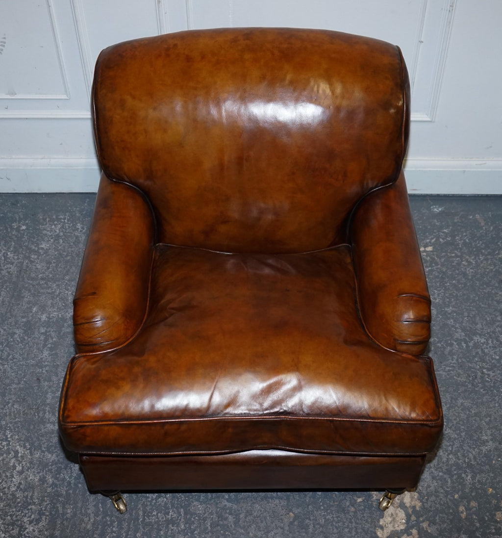 LARGE PAIR HOWARD STYLE HAND DYED LEATHER ARMCHAIRS FEATHER FILLED CUSHIONS