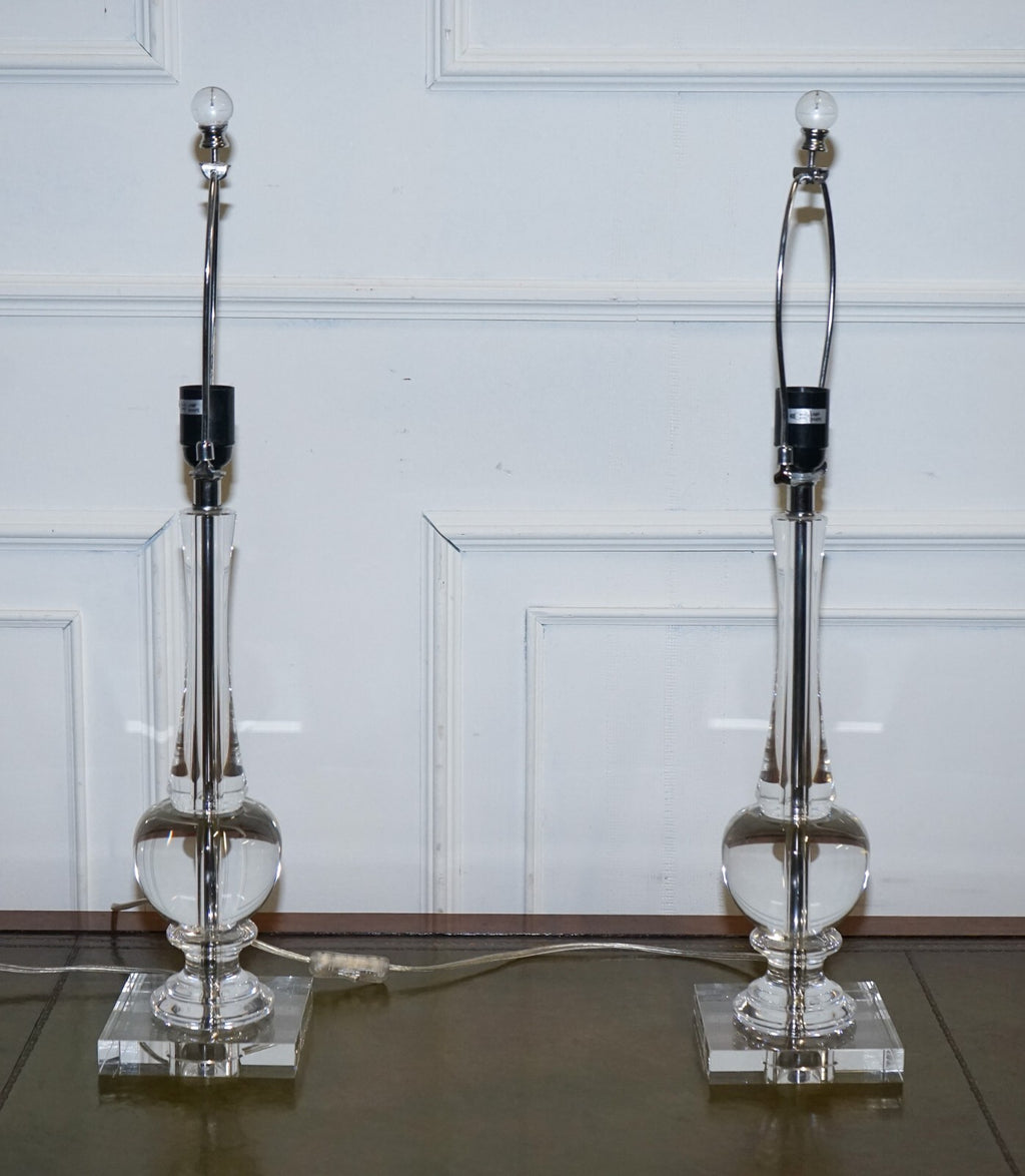 PAIR OF CLEAR GLASS TABLE LAMPS WITH BLACK SHADES